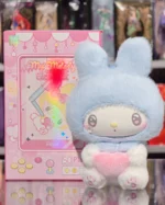 Sanrio My Melody plush pendant in pastel blue bunny suit holding a pink candy